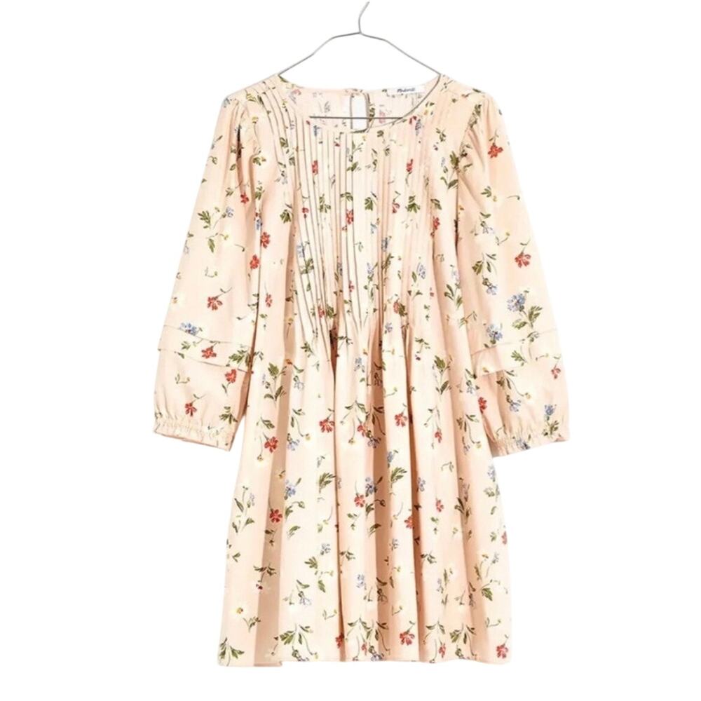 Madewell Women's Pintuck Puff-Sleeve Mini Dress in Seaside Floral‎ Pink Size sm